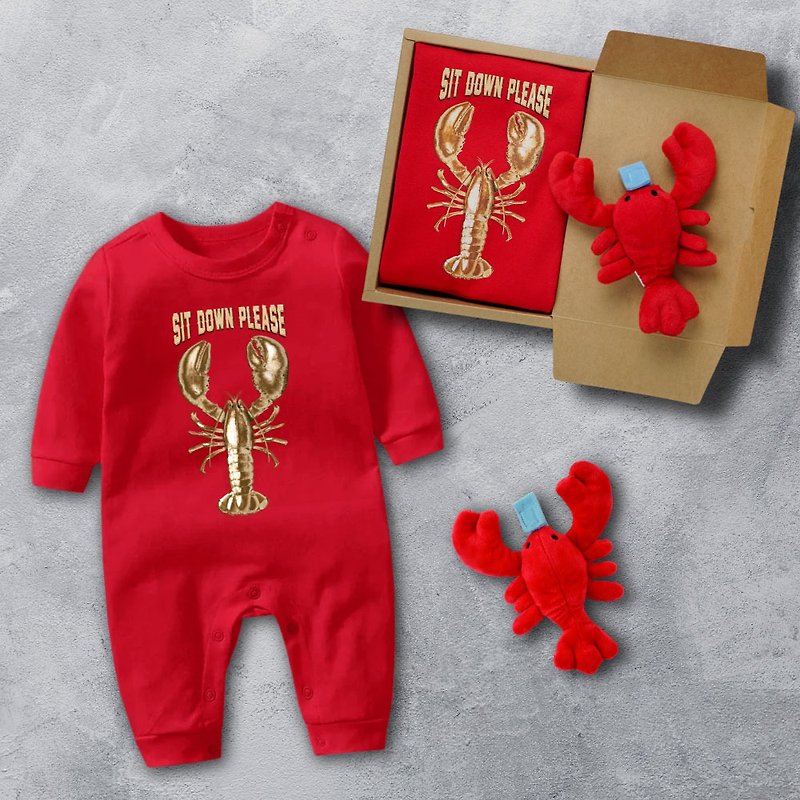 Golden Lobster Baby jumpsuit  Red & Pacifier Holder 2 items baby gift - ของขวัญวันครบรอบ - ผ้าฝ้าย/ผ้าลินิน สีแดง