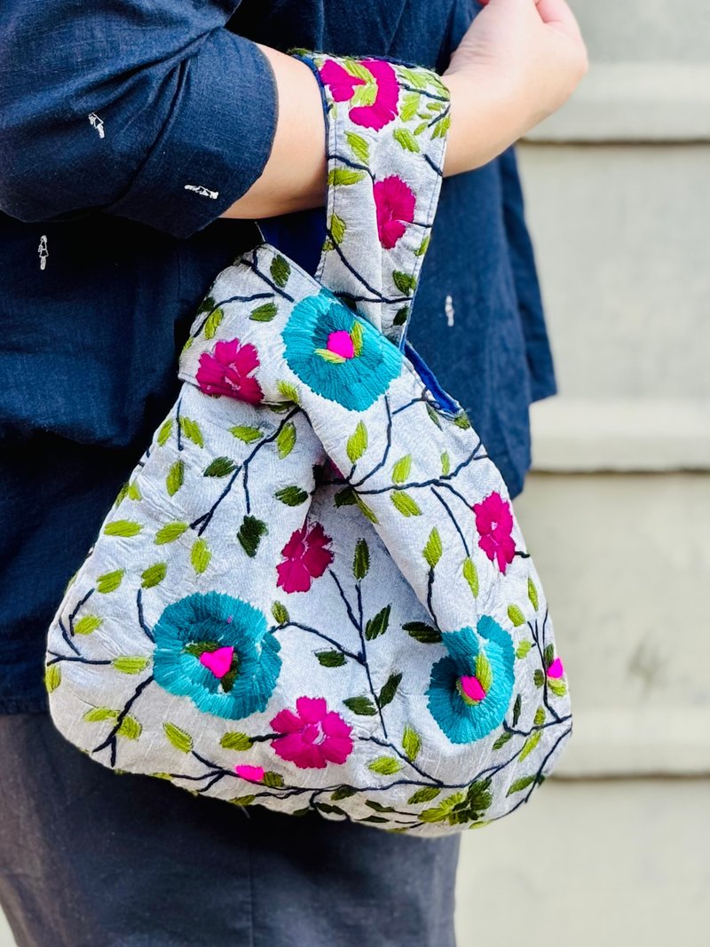 Hand embroidered silver gray floral handbag small bag bag handbag handbag - Handbags & Totes - Silk 