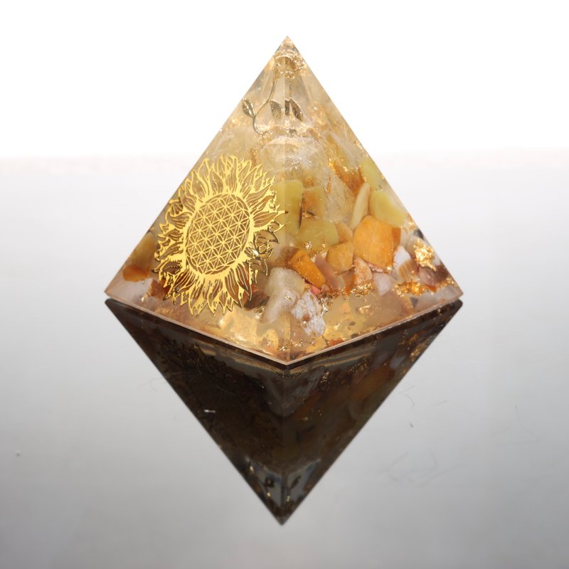 [Mother's Day Gift] Flower of Life Sunflower Large Orgonite Pyramid Orgonite Citrine Fortune - ของวางตกแต่ง - เครื่องประดับพลอย สีส้ม