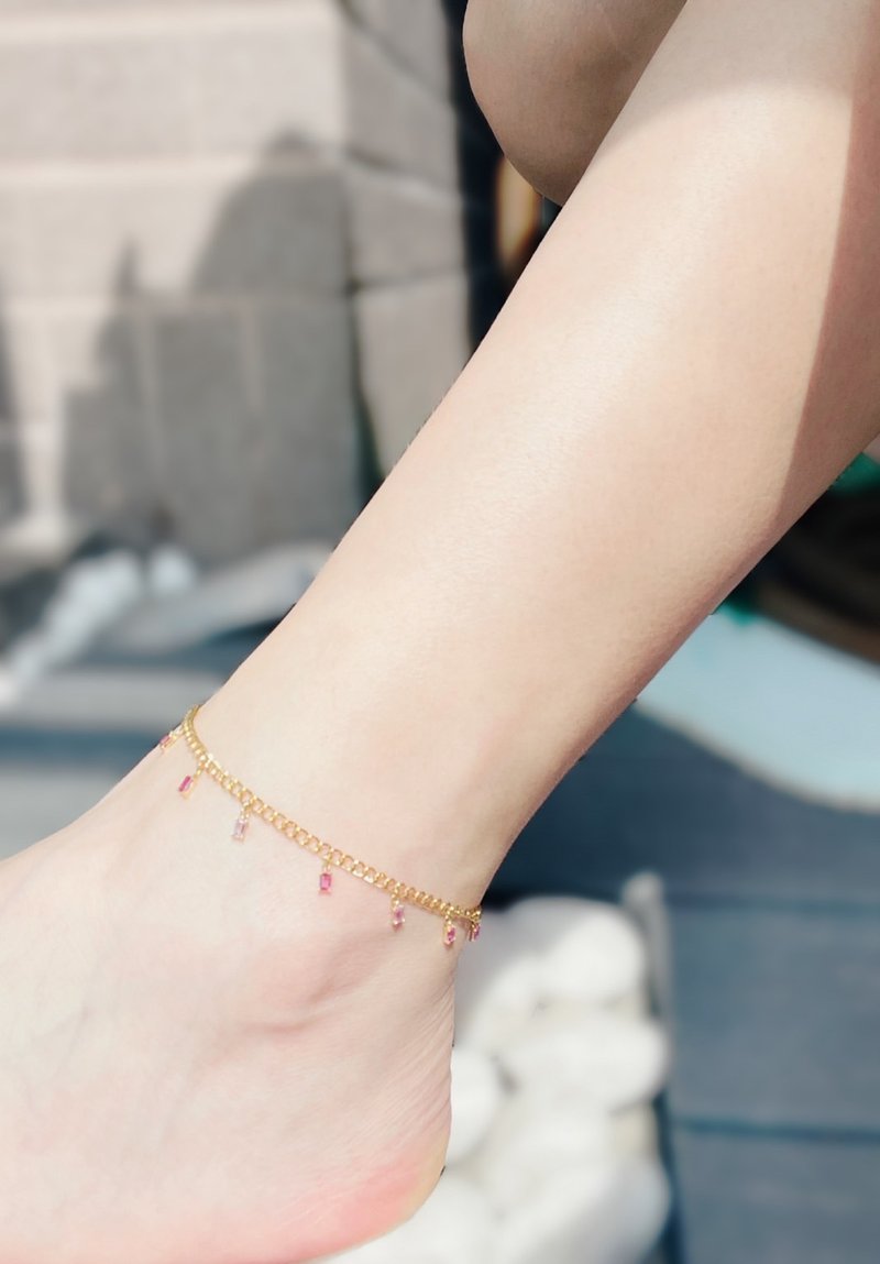 Vintage Yellow Gold Pink Sapphire Cuban Chain Anklet - กำไลข้อเท้า - เครื่องประดับ สีเหลือง