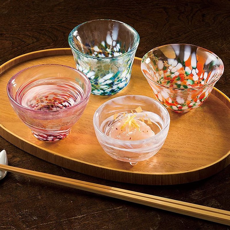 Japan's Tsugaru handmade four seasons sake cup gift box set (including wooden box) - Bar Glasses & Drinkware - Glass Multicolor