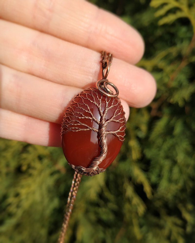 Carnelian celtic tree of life copper wire wrapped pendant necklace gift amulet - สร้อยคอ - วัสดุอื่นๆ สีแดง