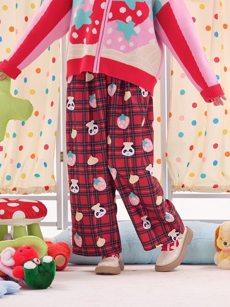 Cute Scottish print plaid trousers loose Japanese style - กางเกงขายาว - ผ้าฝ้าย/ผ้าลินิน หลากหลายสี