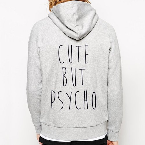 hipster CUTE BUT PSYCHO拉鍊連帽刷毛外套-灰色 文青 藝術 設計 時髦 文字 時尚