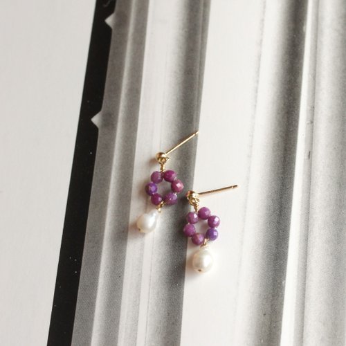 One N Only Jewelry 【母親節禮物】好Chill-天然珍珠紫雲母水晶耳環14KGF注金