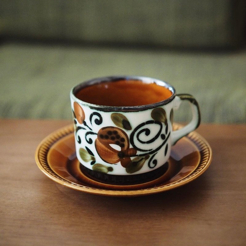 1960 Belgian BOCH Argenteuil hand-painted floral pattern cup and saucer set - แก้วมัค/แก้วกาแฟ - ดินเผา สีนำ้ตาล