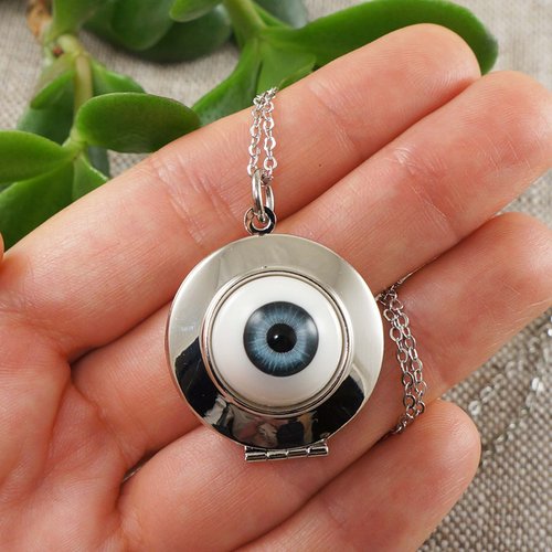 AGATIX Blue Gray Human Eye Evil Eye Photo Locket Protection Pendant Necklace Jewelry