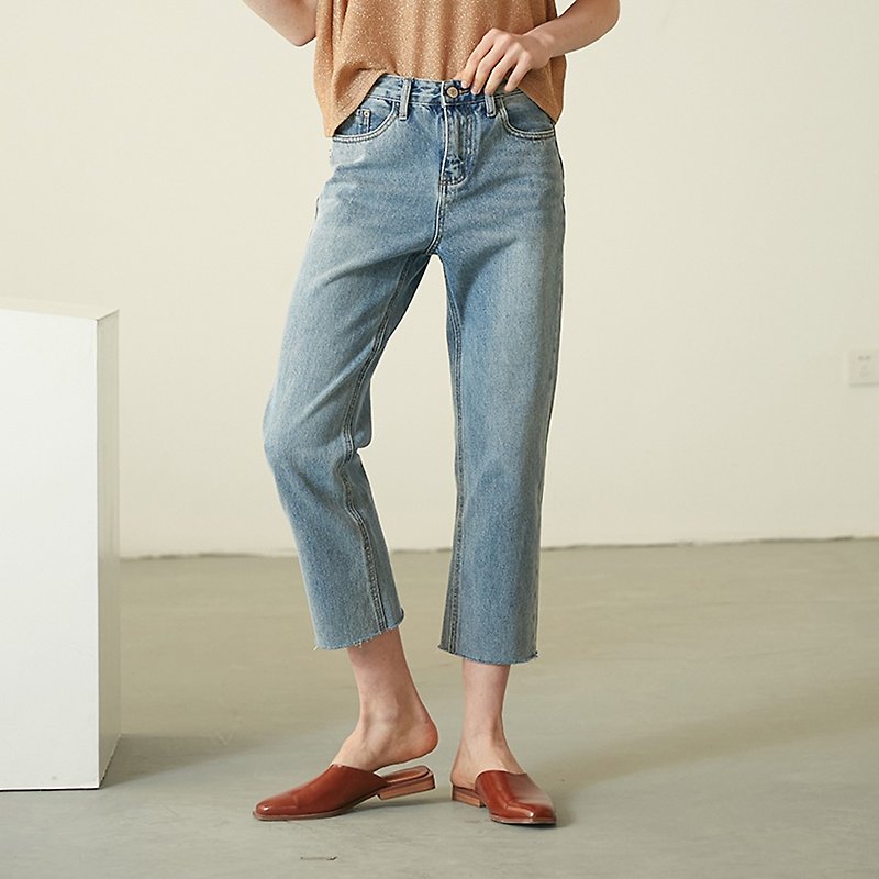 Annie Chen 2018 summer new literary ladies solid color straight jeans - กางเกงขายาว - ผ้าฝ้าย/ผ้าลินิน สีน้ำเงิน