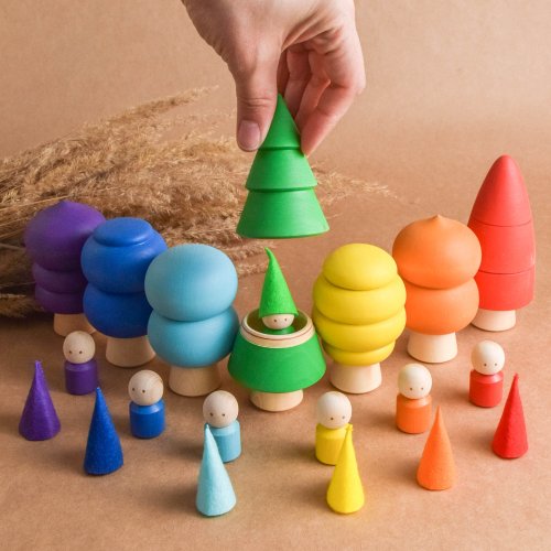 Wooden Educational Toy Wooden Trees Toy Set with Peg Dolls Little People Figurines Rainbow Woodland