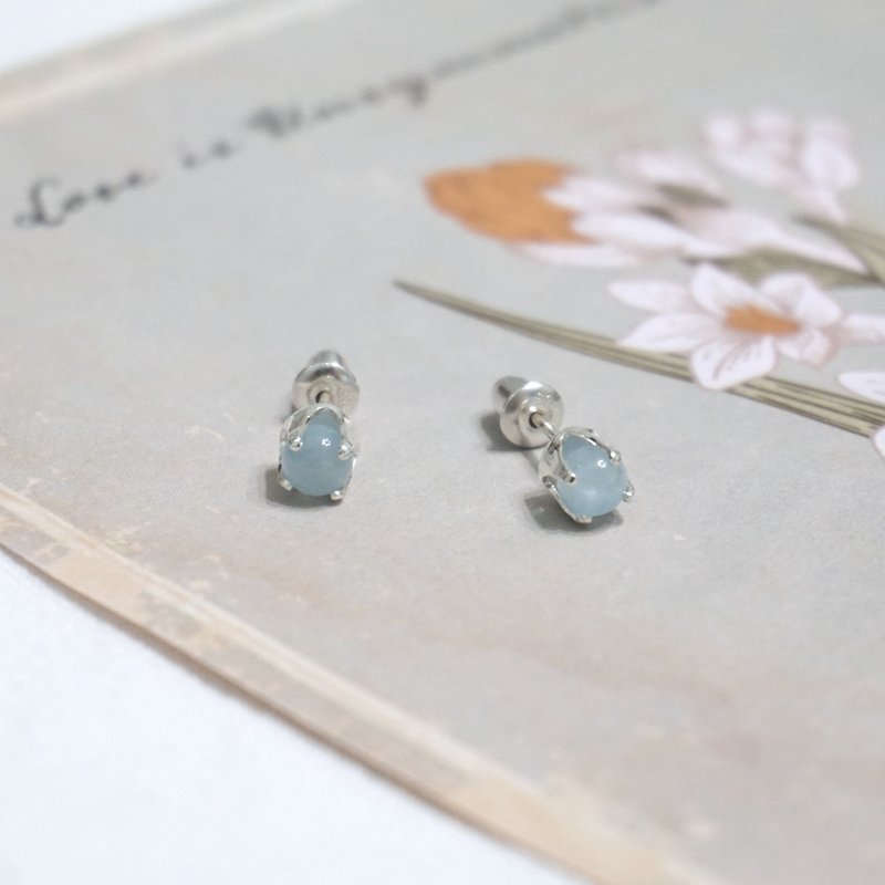 ll 3月誕生石 ll 4mm海藍寶石 - 925純銀耳針耳環 / 一對附銀耳扣 - 耳環/耳夾 - 半寶石 藍色