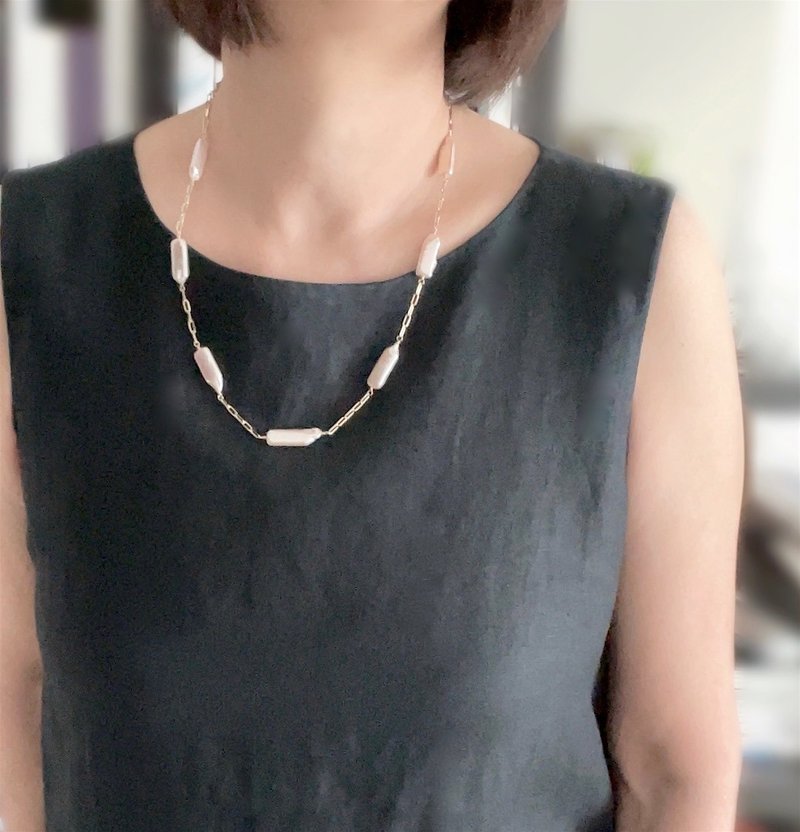 Sakura pink freshwater pearl rectangular pearl chain necklace K14gf - สร้อยคอ - ไข่มุก สึชมพู