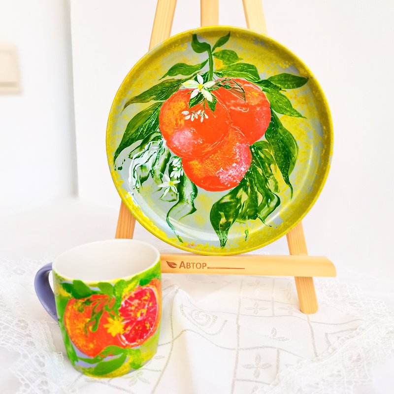 Original Set Of Porcelain Tableware Orange Fruit Painting Handmade Citrus Art - จานและถาด - เครื่องลายคราม หลากหลายสี