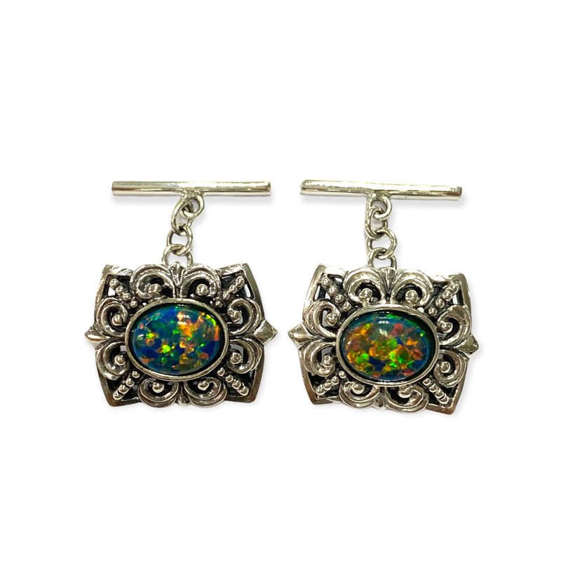 Victorian Style Green Opal Wedding Cufflinks For Groom 925 Sterling Silver - 袖扣 - 純銀 綠色