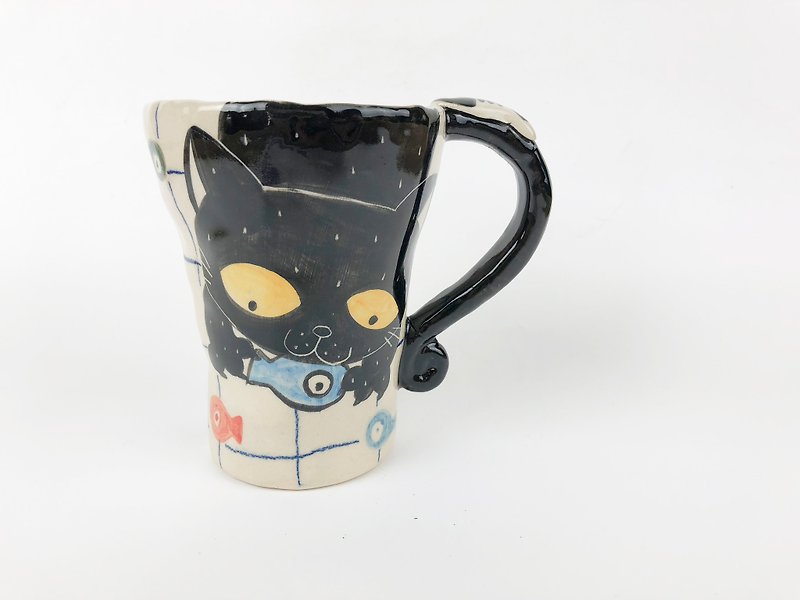 Nice Little Clay Handmade Bell Cup Naughty Black Cat 0101-44 - Mugs - Pottery White