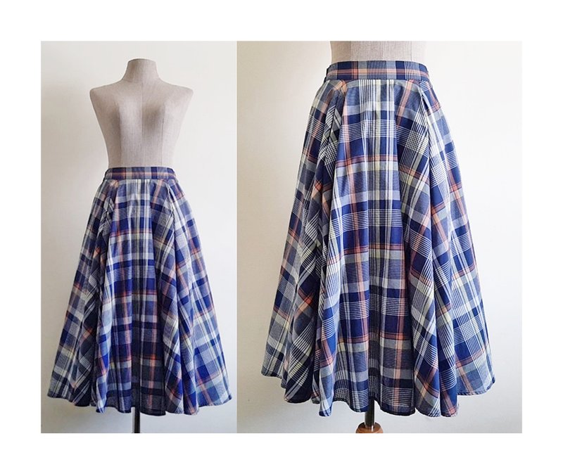 Vintage Orange Blue Plaid Circle Skirt - 裙子/長裙 - 其他材質 藍色