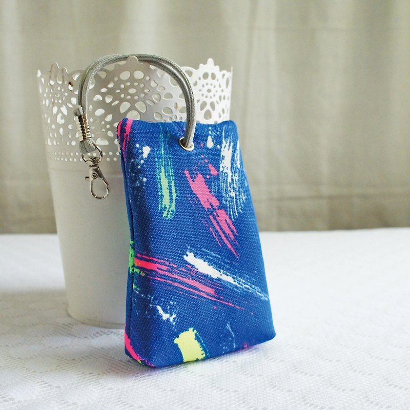 Lovely【日本布】彩色筆刷立體茶包拉鍊鑰匙包、ID感應卡可用、藍 - 鑰匙圈/鎖匙扣 - 棉．麻 藍色