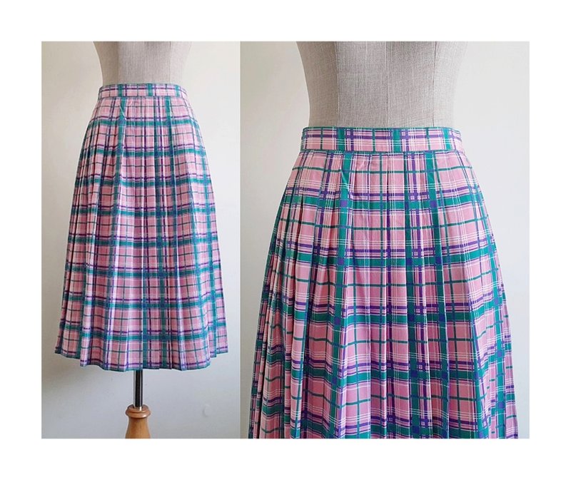 Vintage Green Pink Plaid Midi Skirt - กระโปรง - เส้นใยสังเคราะห์ สึชมพู