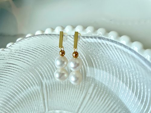 Athena珍珠設計 雙珠 天然淡水珍珠 耳環 耳針