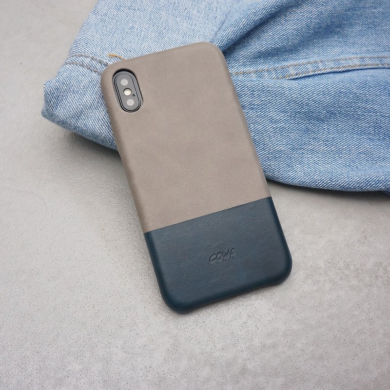 iPhone X Dual Color Leather Phone Case - Gray / Navy / No Card / - เคส/ซองมือถือ - หนังแท้ สีเทา