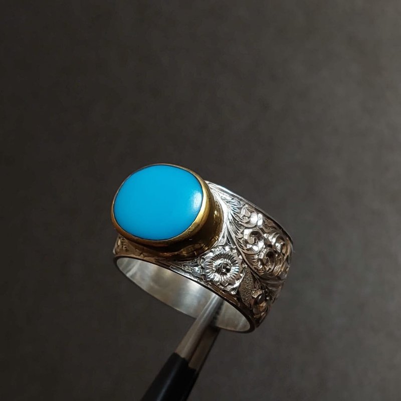 Natural Nishapur Turquoise Feroza Ring Sterling Silver 925 Handcrafted Rare - แหวนทั่วไป - เครื่องเพชรพลอย สีน้ำเงิน