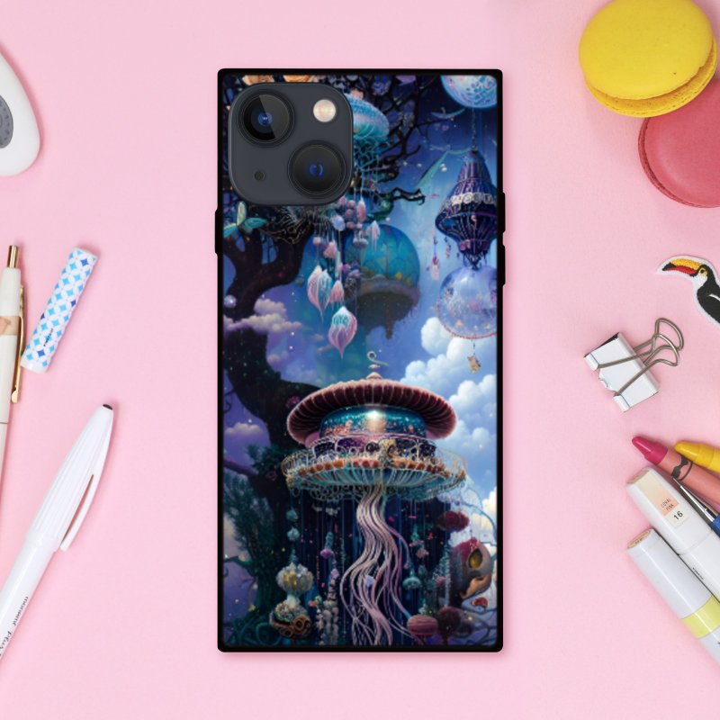 A fantastical, dreamy and cute glittering jellyfish empire square smartphone case [tempered glass finish] compatible with iPhone 16 - Phone Cases - Plastic Multicolor