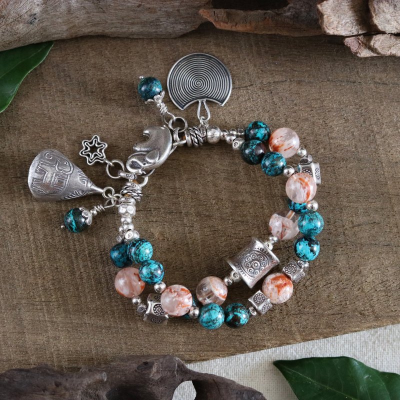 Chrysocolla Sericite Phantom Quartz Ethnic Elephant Bracelet with Karen Silver - สร้อยข้อมือ - คริสตัล สีน้ำเงิน