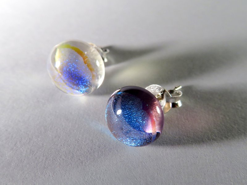 Jewelry glass sterling silver ear pin / XX6 (large and small) - ต่างหู - แก้ว สีม่วง