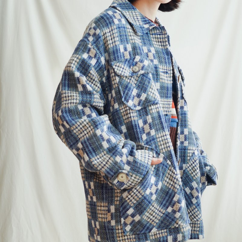 Blue Plaid Vintage Jacket Retro - เสื้อแจ็คเก็ต - ขนแกะ สีน้ำเงิน