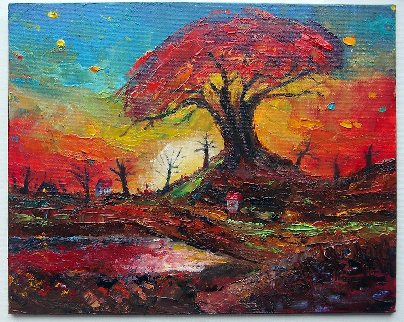 Red colorful sunset and huge oak tree at night some houses oil painting impasto - 壁貼/牆壁裝飾 - 其他金屬 紅色
