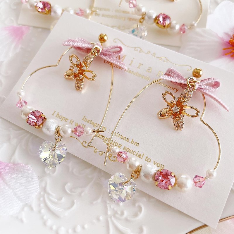 Sakura and heart hoop earrings【Made in japan】【Handmade earring】