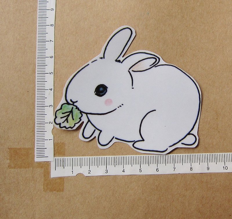 Hand-painted illustration style completely waterproof sticker greedy little white rabbit - สติกเกอร์ - วัสดุกันนำ้ ขาว
