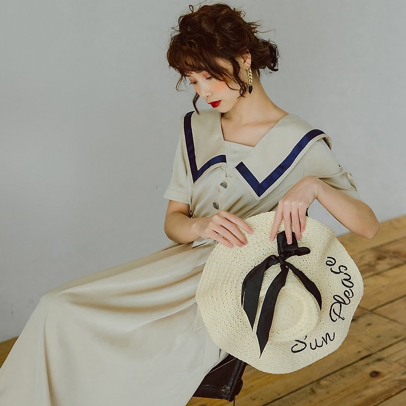 Navy collar French retro elegant dress, original designer brand - One Piece Dresses - Other Materials White
