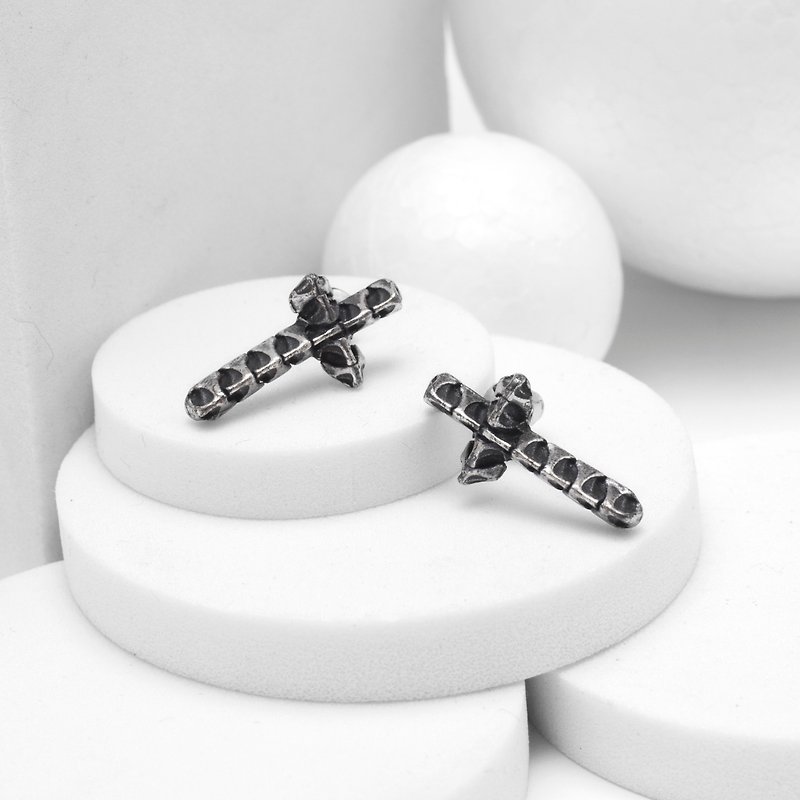 Recovery Snake Bone Cross Earrings (Ancient Silver) - Earrings & Clip-ons - Other Metals Silver