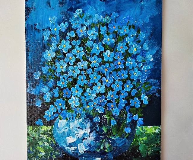 ワスレナグサのアクリル画の花束。ぶら下がっている青い花の絵。贈り物 