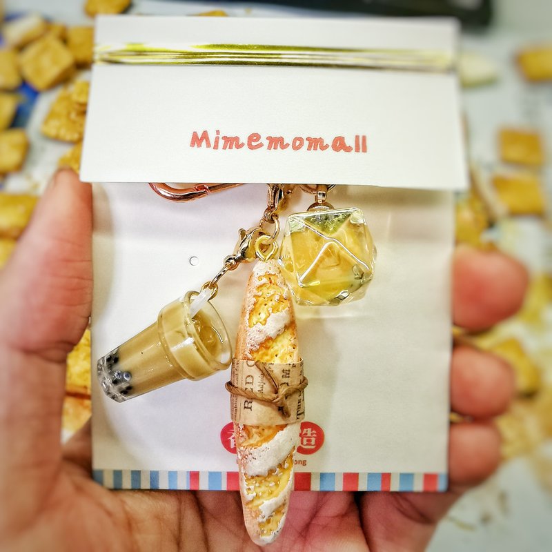 【原創港式手作/散水禮物】微縮仿真長法包&珍珠奶茶-鑰匙圈扣 - 鑰匙圈/鑰匙包 - 黏土 黃色