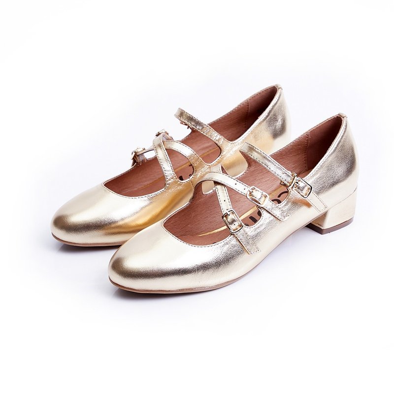 Lewis Walt gold round toe soft sheepskin Mary Jane shoes one-strap thick low heels - High Heels - Genuine Leather Multicolor