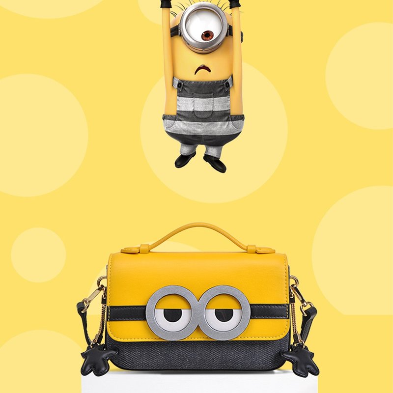 Minions Jacquard with Leather Crossbody & Shoulder Handbag - Messenger Bags & Sling Bags - Genuine Leather Yellow