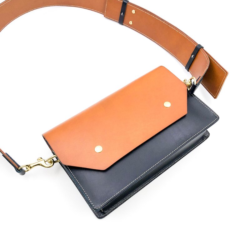 Handmade Vegetable Tanned Leather - Two-Tone Crossbody Bag - กระเป๋าแมสเซนเจอร์ - หนังแท้ หลากหลายสี