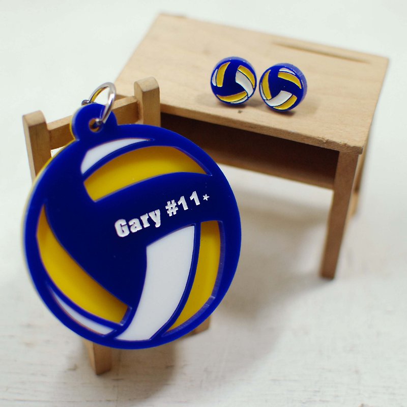 排球鑰匙圈+排球耳環/黃藍白款/刻名字/紀念日 - 鑰匙圈/鑰匙包 - 壓克力 藍色