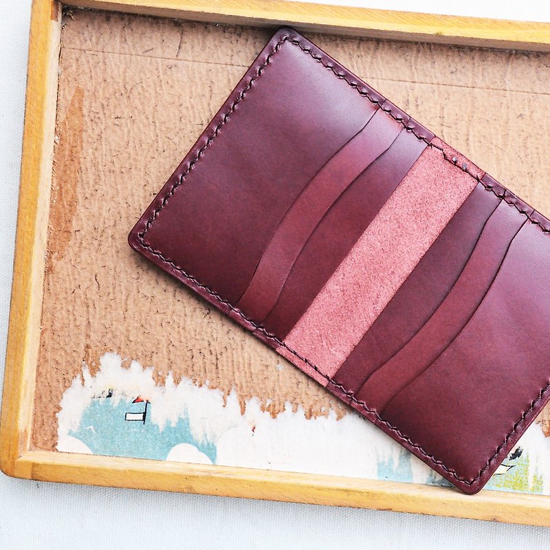 Half-fold 6-card slot card holder—deep wine red Burgundy, well-stitched leather material bag, free embossing - กระเป๋าสตางค์ - หนังแท้ สีแดง