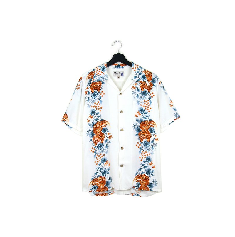Back to Green :: and handle flower shirt white gold and beast ... men and women can wear / / vintage (S-22) - Men's Shirts - Silk 