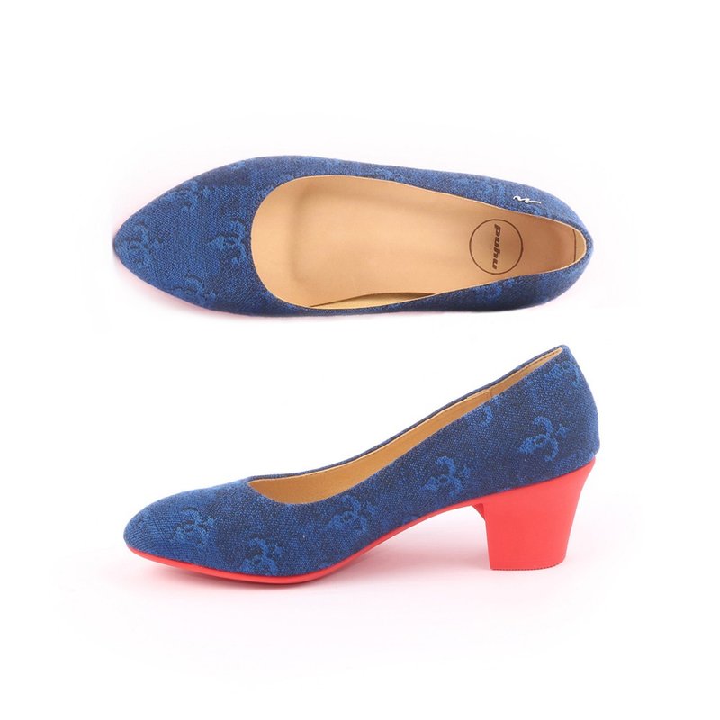 MIT [Red sole decompression and steady heel shoes-tannin blue] mid-heel thick heel hits the color of office workers without degumming - รองเท้าส้นสูง - ไฟเบอร์อื่นๆ สีน้ำเงิน