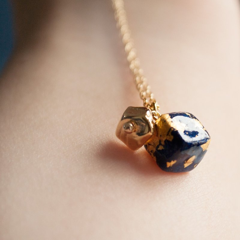 TeaTime / Gold Foil Square Planet Necklace & Stud Earrings Set / Original Handmade Gold Foil Clay Handmade Gold Plated Chain Strap Chain Extension Chain Stud Earrings - สร้อยคอยาว - วัสดุอื่นๆ สีน้ำเงิน