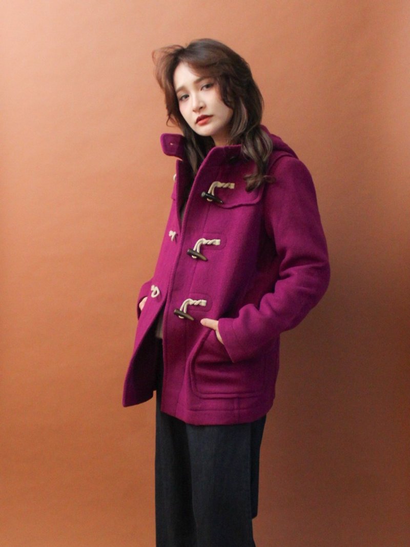 復古秋冬紫紅色連帽古著牛角扣外套 Vintage Outer - 外套/大衣 - 羊毛 紫色