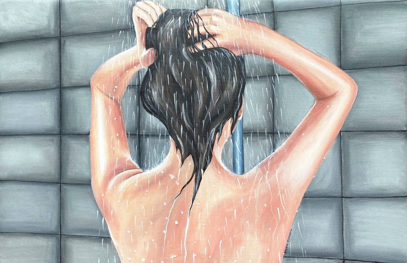 淋浴時間.  布面丙烯.  40x60cm.   女人畫.   原創藝術 - 壁貼/牆壁裝飾 - 壓克力 灰色