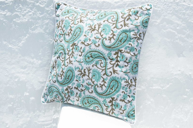 Handmade woodblock printed hug pillowcase cotton pillowcase handmade printed hug pillowcase - Moroccan blue green flowers - หมอน - ผ้าฝ้าย/ผ้าลินิน สีเขียว