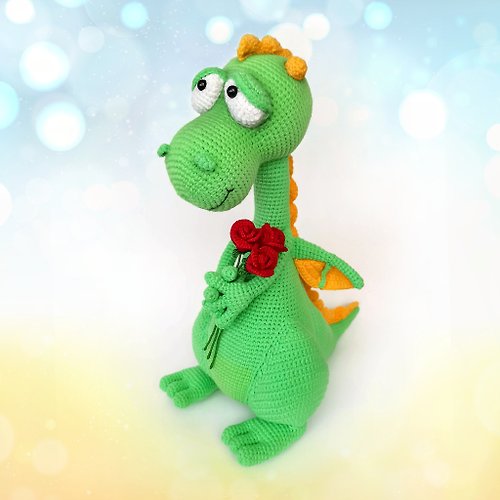 WithLoveNatalia Green Dragon with roses, Flying reptile, Soft crochet Toy, Fantasy lovers gift.