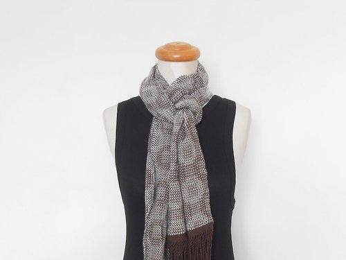 慢手做 梭織 手工圍巾-100%美麗諾羊毛圍巾18深咖x米白