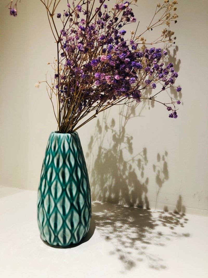 湖水綠釉刻紋 花器 花瓶擺件 工藝品 辦公桌 茶席 - 花瓶/花器 - 瓷 綠色