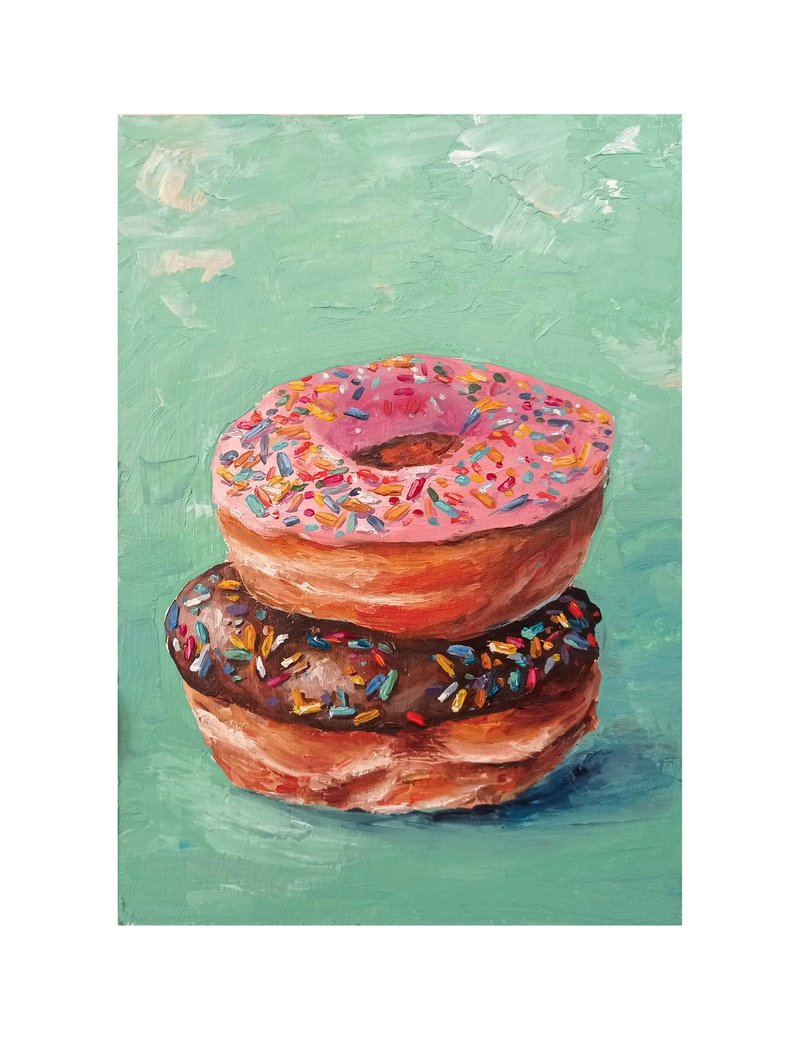 Donuts 甜甜圈 裝飾畫 小畫 Original Painting Hand-Painted Art Food Painting - โปสเตอร์ - วัสดุอื่นๆ หลากหลายสี